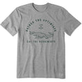 Gray t-shirt with graphic design and text on a white background