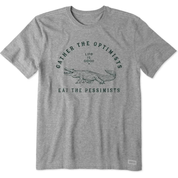 Gray t-shirt with graphic design and text on a white background