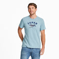 Life is Good Men's Super Fly Slim Fit Tee – light blue fishing graphic t-shirt with colorful fly lure design on model front view