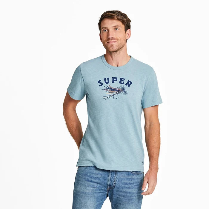 Life is Good Men's Super Fly Slim Fit Tee – light blue fishing graphic t-shirt with colorful fly lure design on model front view