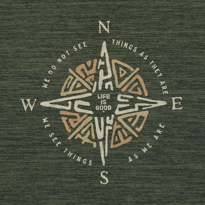 Close-up of Jake and Rocket Beach Day graphic on Life is Good Men's blue tee