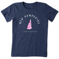 Life Is Good Women’s NH Daisies Crusher Tee – navy blue short sleeve shirt with pink New Hampshire state outline and white daisy floral design.