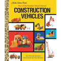 Book cover of 'My Little Golden Book About Construction Vehicles' with illustrations of construction vehicles on a yellow background.