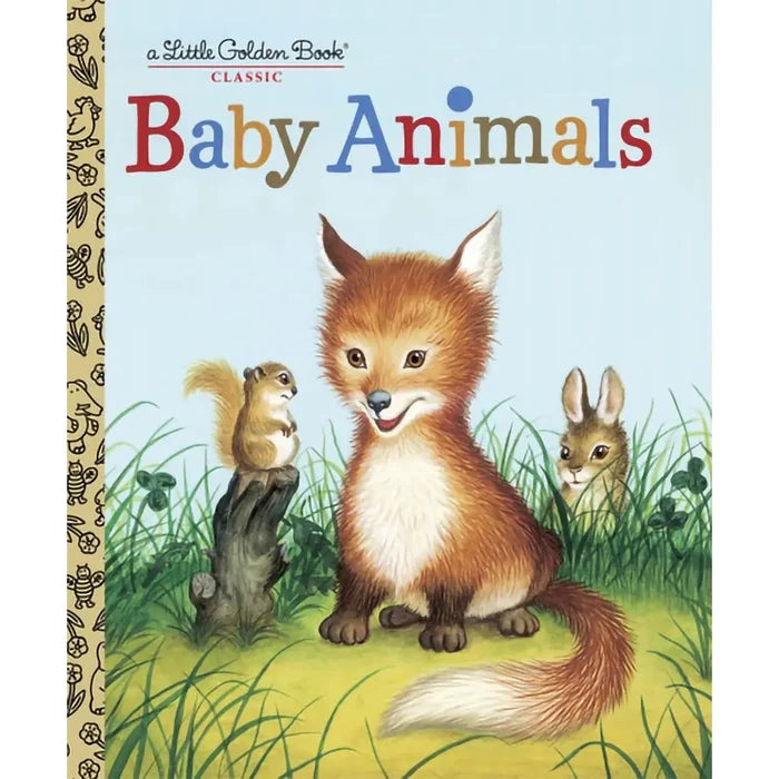 Book cover of 'Baby Animals' from Little Golden Books with a fox, squirrel, and rabbit illustration.