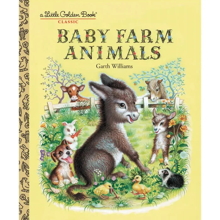 Book cover of 'Baby Farm Animals' with illustrations of various baby animals on a yellow background.