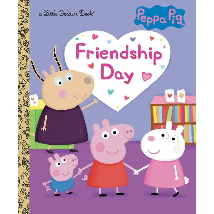 Book cover of 'Friendship Day' featuring Peppa Pig and friends on a purple background.