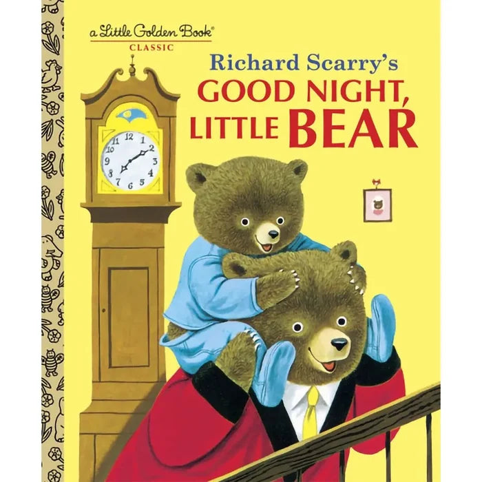 Book cover of 'Good Night, Little Bear' by Richard Scarry with a bear and clock illustration.