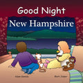 Book cover of 'Good Night New Hampshire' with children and animals in a bedroom setting.