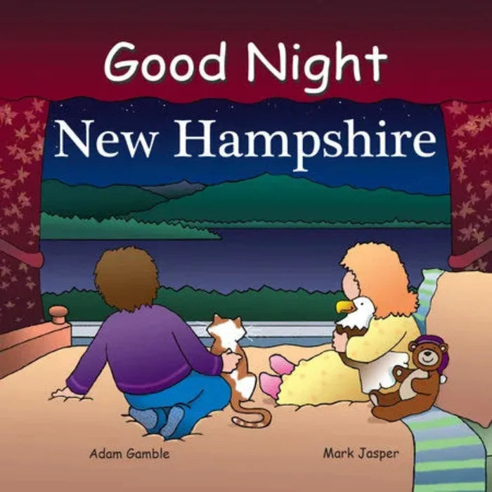 Book cover of 'Good Night New Hampshire' with children and animals in a bedroom setting.