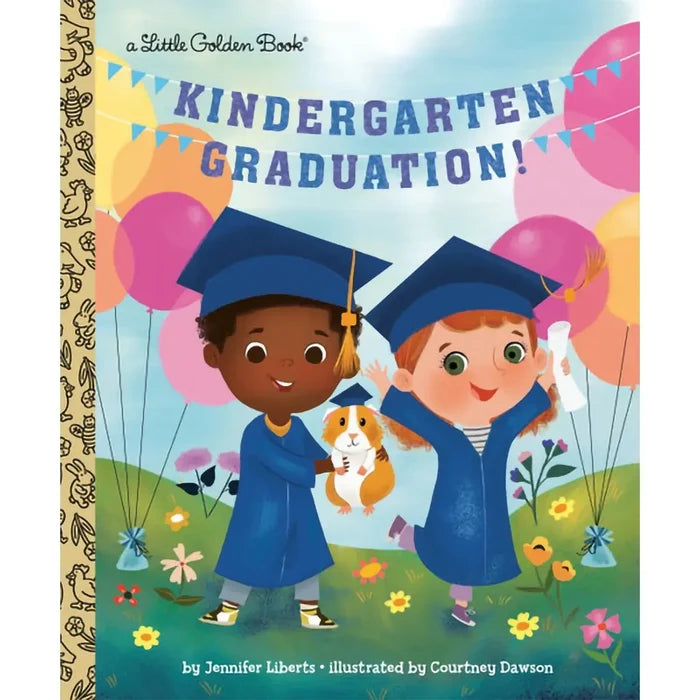 Book cover of 'Kindergarten Graduation!' with two children in graduation caps and gowns, balloons, and a dog.