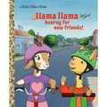 Book cover of 'Llama Llama Hooray for New Friends' with two animals on bikes and a town background.