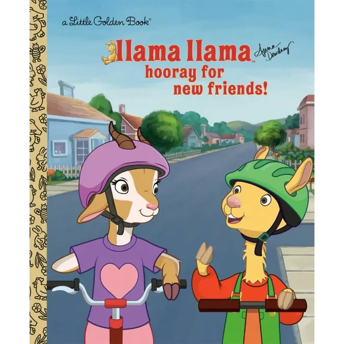 Book cover of 'Llama Llama Hooray for New Friends' with two animals on bikes and a town background.
