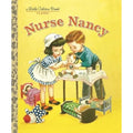 Book cover of 'Nurse Nancy' featuring illustrations of a girl and boy playing with dolls on a yellow background.