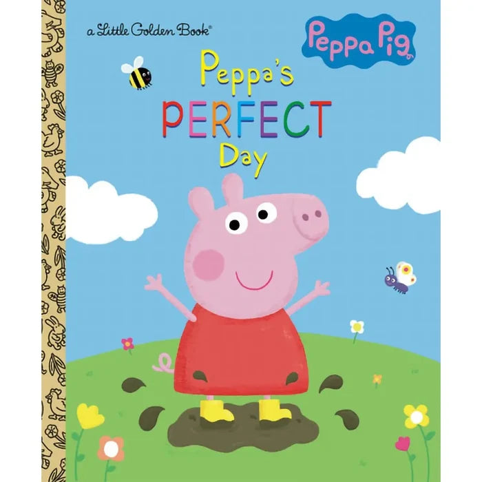 Book cover of 'Peppa's Perfect Day' featuring Peppa Pig on a grassy field with flowers and clouds.