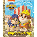 Book cover of 'Popcorn Party!' from Nickelodeon featuring two cartoon dogs in construction outfits.