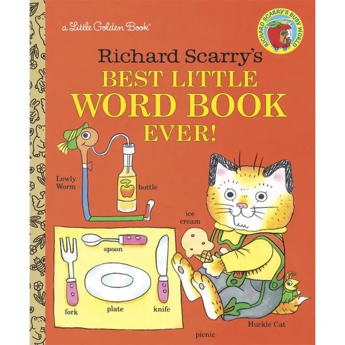 Book cover of 'Richard Scarry's Best Little Word Book Ever!' with illustrations and text.
