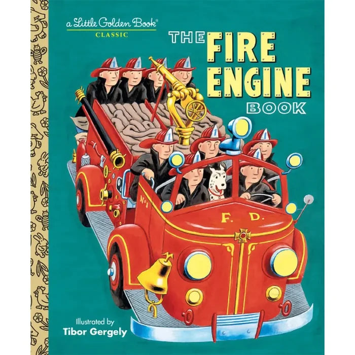 Book cover of 'The Fire Engine Book' with a red fire engine illustration on a teal background.