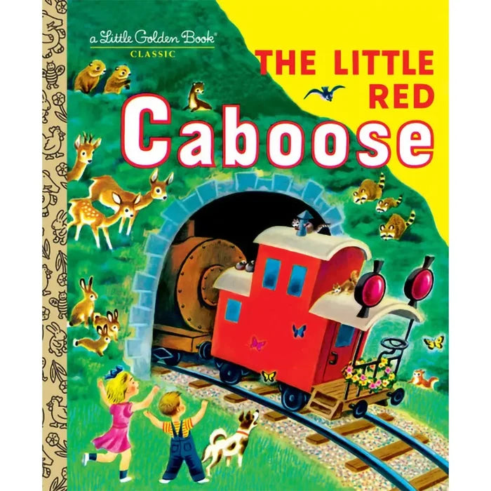 Book cover of 'The Little Red Caboose' with a red caboose on tracks, children, and animals.
