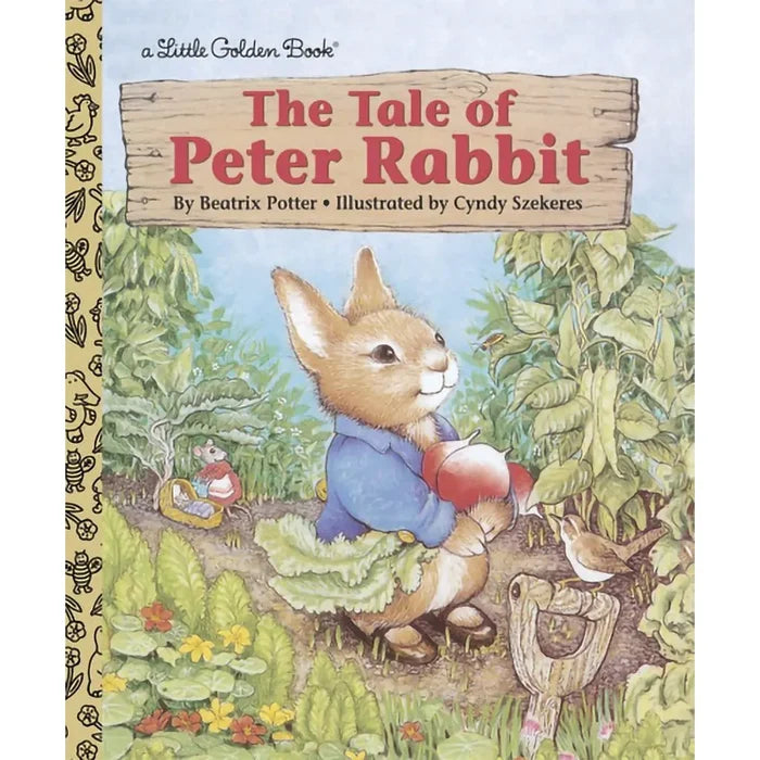 Book cover of 'The Tale of Peter Rabbit' with Peter Rabbit holding an apple in a garden setting.