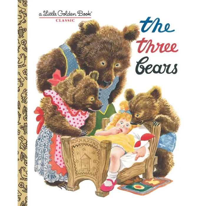 Cover of 'The Three Bears' Little Golden Book with three bears and a doll.