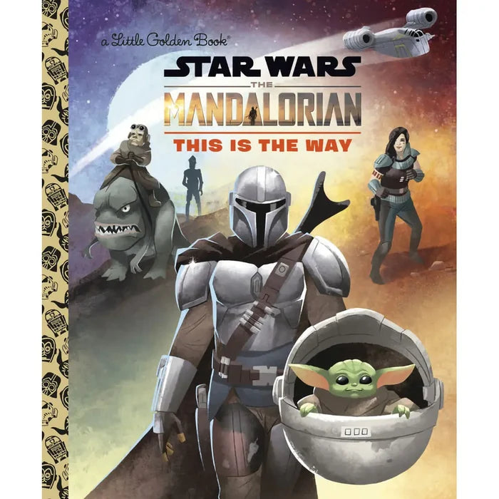 Book cover of 'The Mandalorian' Little Golden Book featuring the Mandalorian and Baby Yoda.
