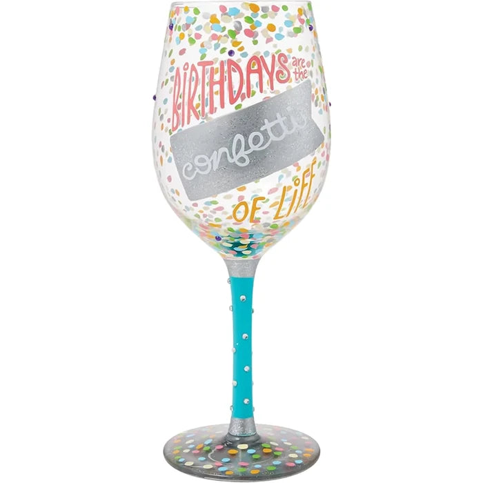 Wine glass with colorful text and confetti design with text" Birthdays are the confetti of life on a white background