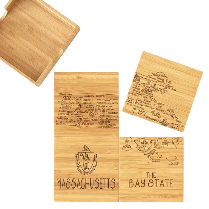 "Massachusetts State Puzzle 4 Piece Bamboo Coaster Set with Case -"