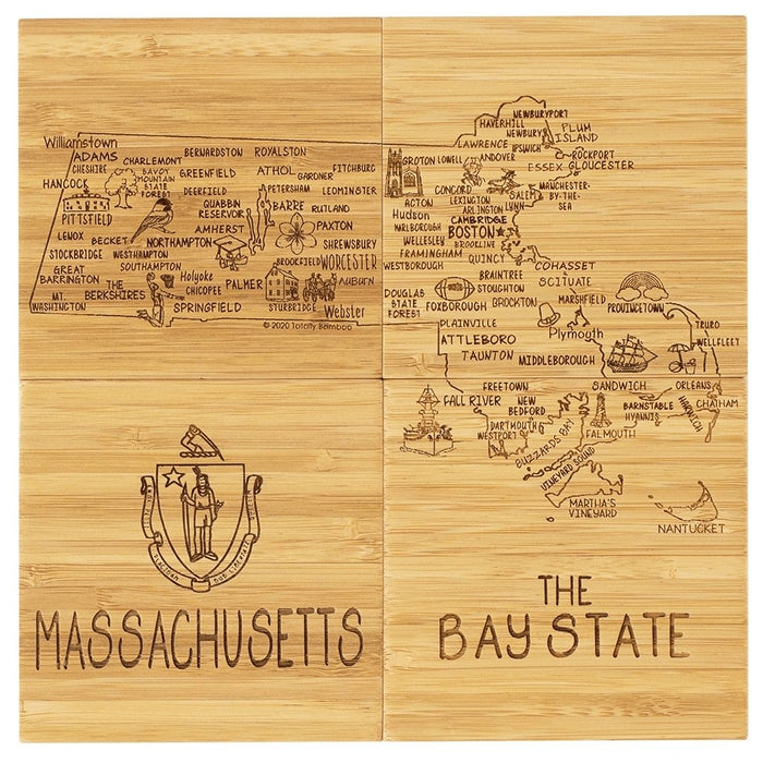 "Massachusetts State Puzzle 4 Piece Bamboo Coaster Set with Case -"
