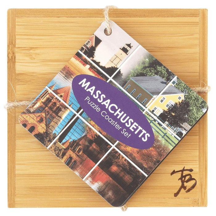 "Massachusetts State Puzzle 4 Piece Bamboo Coaster Set with Case -"