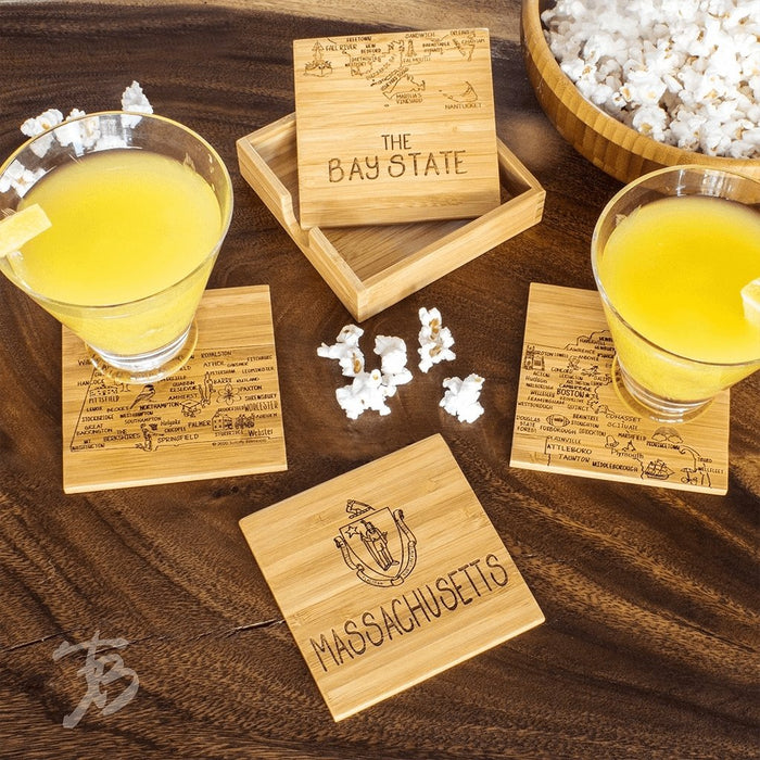 "Massachusetts State Puzzle 4 Piece Bamboo Coaster Set with Case -"
