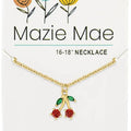 A charming necklace with a cherry pendant, emphasizing its vivid red color and small green leaf accent.