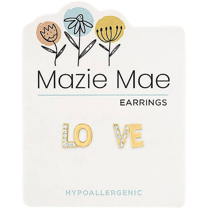 Mazie Mae gold LOVE stud earrings featuring a polished gold-tone design for elegant everyday wear and meaningful gifting.