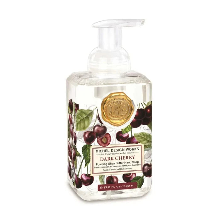 Foaming hand soap bottle with Dark Cherry design on a white background