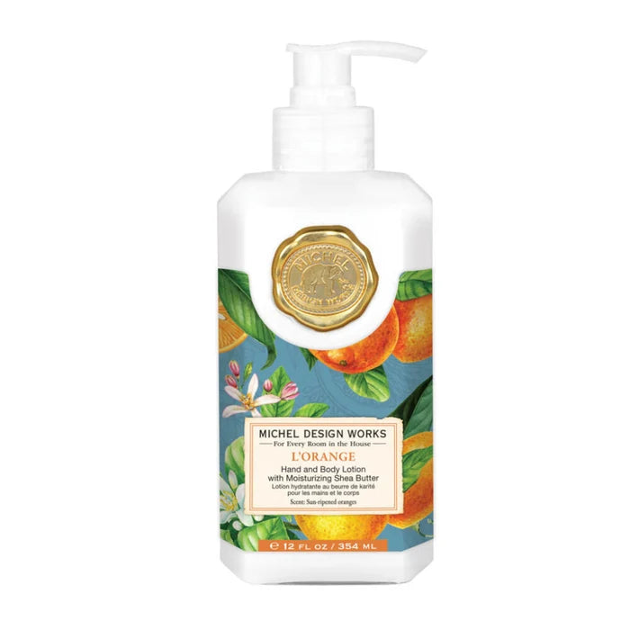 Body Shop orange and mint body lotion bottle with a vibrant design, showcasing its refreshing scent and moisturizing properties.