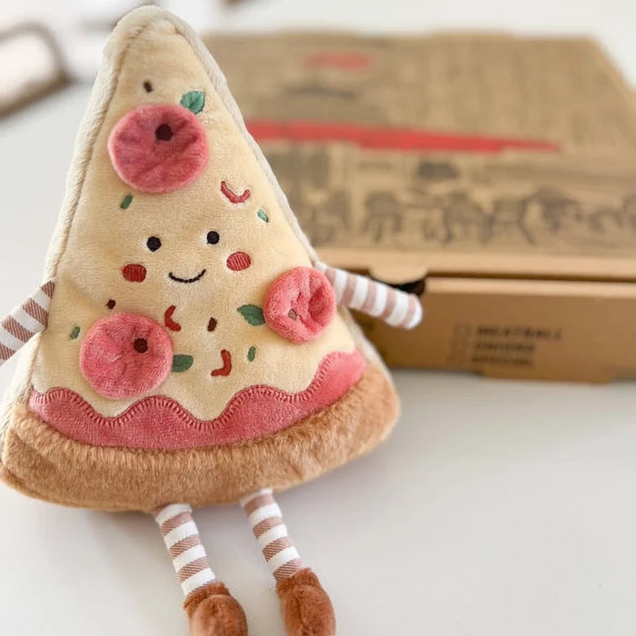 Toy pizza with legs and arms on a white background