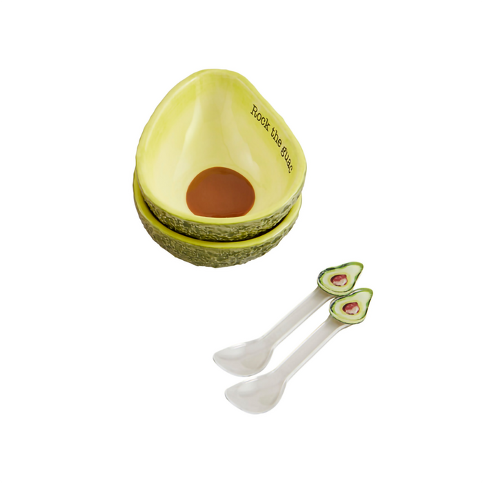 Mud Pie Avocado Tidbit Plate Set featuring two avocado-shaped ceramic bowls with “Rock the guac” text and two avocado-topped spoons.