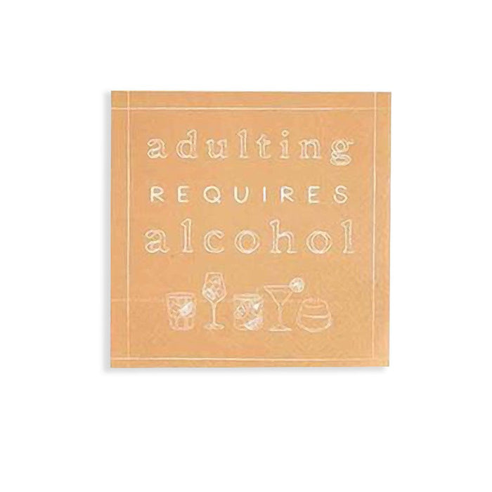 Mud Pie “Adulting Requires Alcohol” cocktail napkins featuring white embossed text and drink illustrations on tan paper.