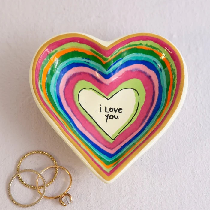 A charming ring dish with "I love you" written on it, perfect for keeping rings and other small accessories organized.