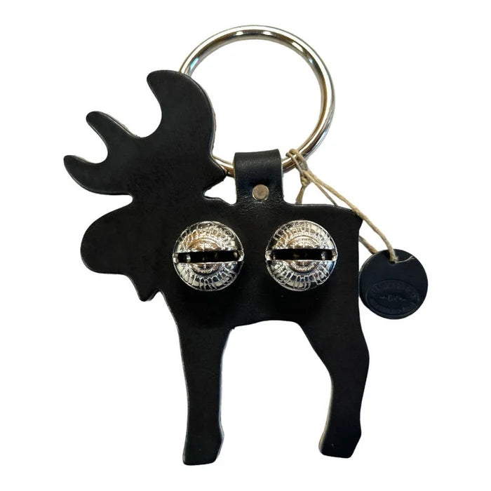 Black moose-shaped keychain with silver bell on a white background
