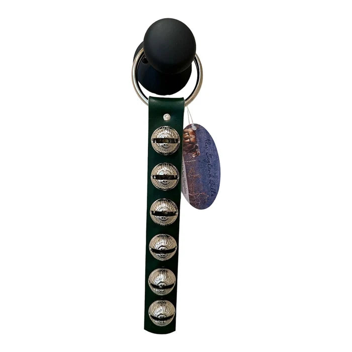 Keychain with green strap and metallic buttons on a white background