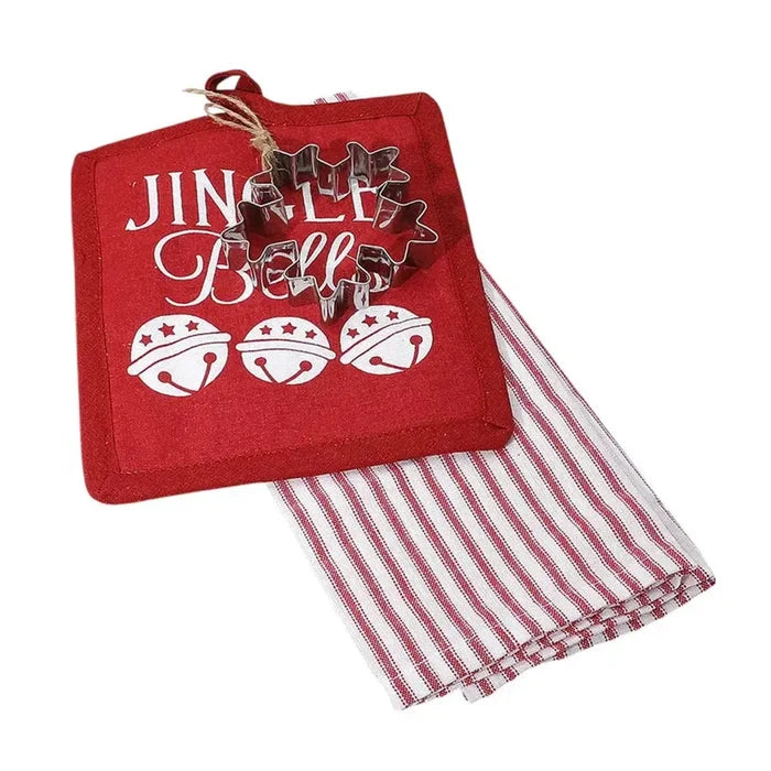 Jinglebell 3 pack Kitchen Holiday Gift Set , Cookie Cutter, Kitchen towel and Potholder