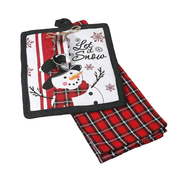 Let it Snow  3 pack Kitchen Holiday Gift Set , Cookie Cutter, Kitchen towel and Potholder