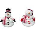 Two snowman figurines with red and white striped scarves on a white background includes one at random