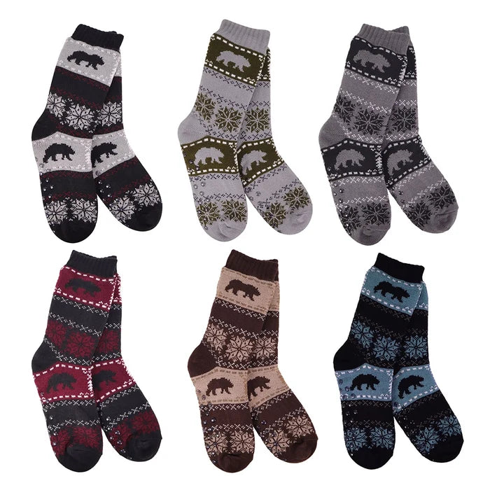 Set of six patterned socks with bear designs on a white background. purchase includes on at random.