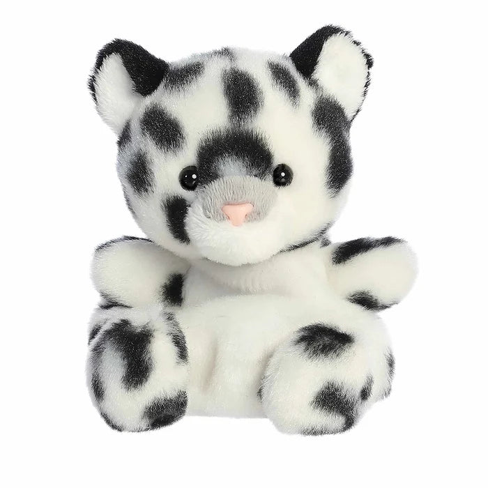 Palm Pals Kaia Snow Leopard plush toy front view with black spots and pink nose