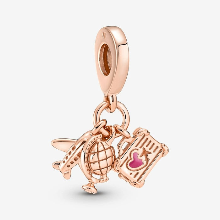 "PANDORA : Airplane, Globe & Suitcase Triple Dangle Charm -"