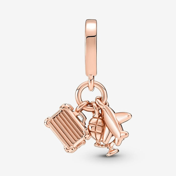 "PANDORA : Airplane, Globe & Suitcase Triple Dangle Charm -"