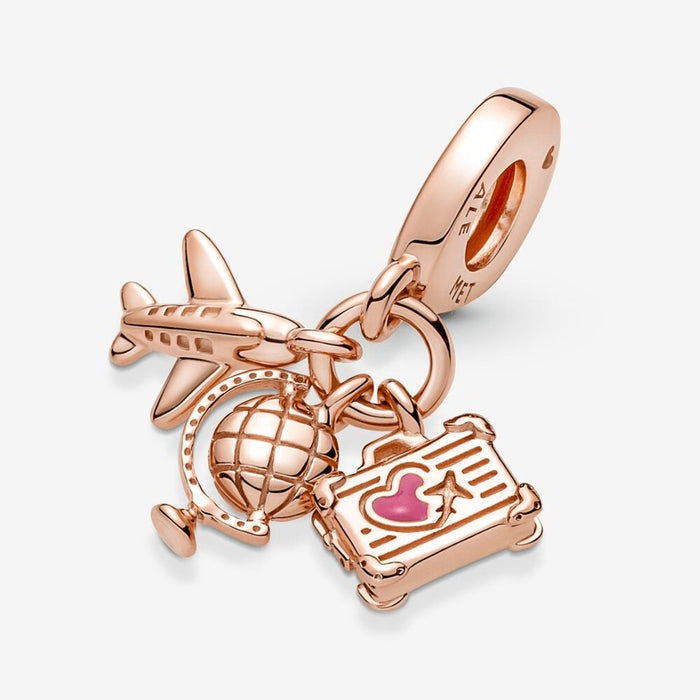 "PANDORA : Airplane, Globe & Suitcase Triple Dangle Charm -"