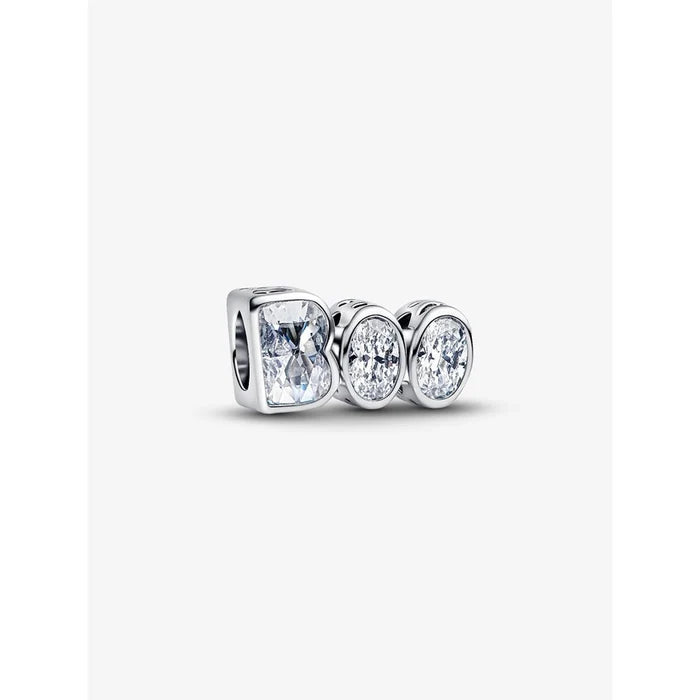 Close-up of the Pandora Boo Charm with cubic zirconia stones forming the word “BOO.”