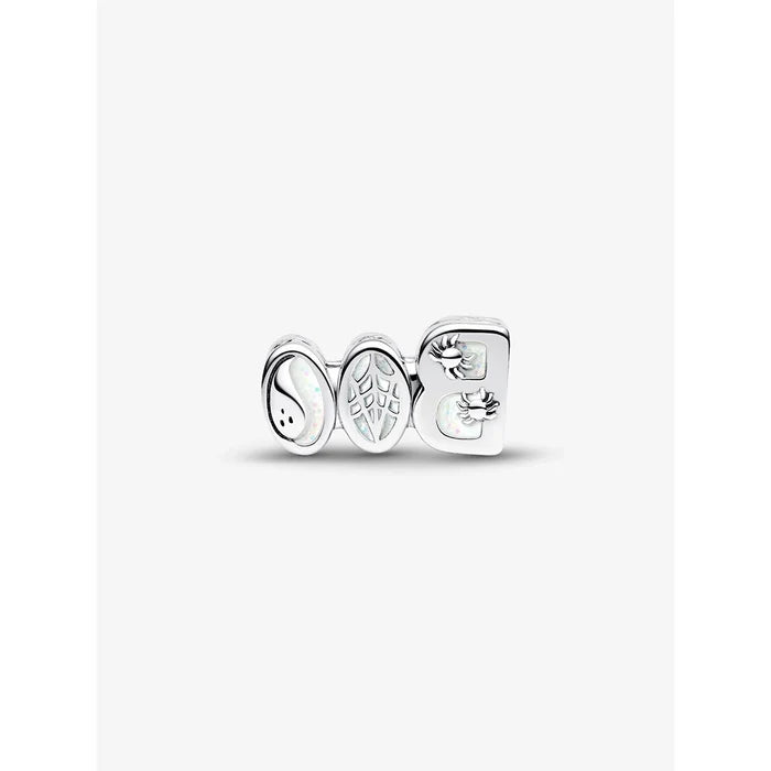 Back view of the Pandora Boo Charm showing ghost, spiderweb, and pumpkin details with glow-in-the-dark enamel.